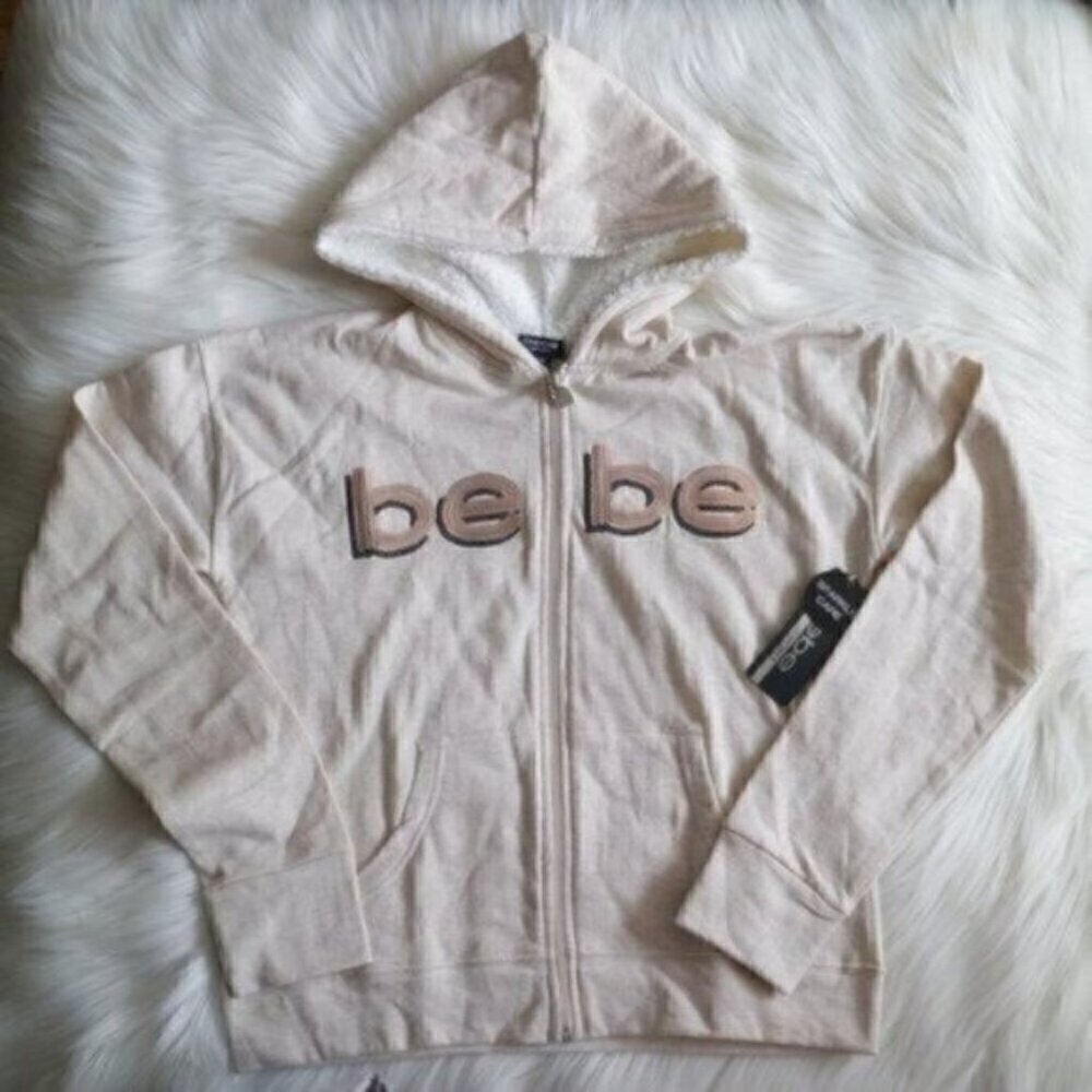 NWT BEBE Logo Girls Hooded Sweater Size Large 14 16 Sequins Full Zip